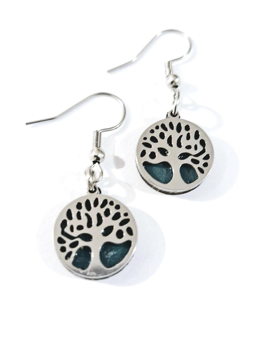 Paire de boucles d'oreilles arbre de vie en acier et en bois, idée cadeau original pour femme fille jeune ou anniversaire