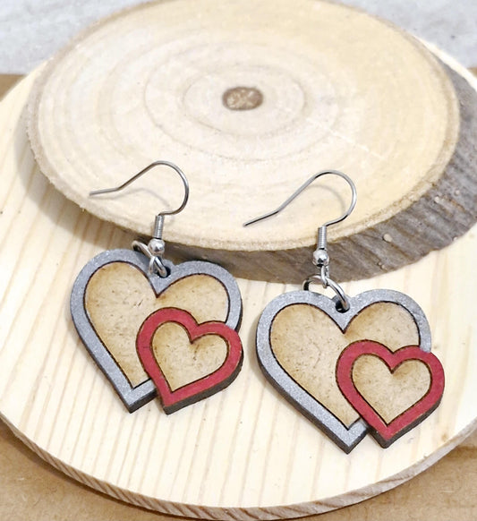 Boucles d'oreilles 2 cœurs en bois