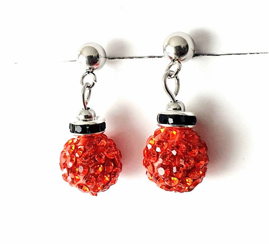 Boucle d'oreille Rouge, perle Strass Shamballa, Acier Inoxydable, cadeau pour femme, jeune, fille ou ado, fête des mères,