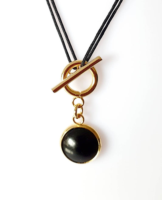 Collier toggle pour femme et pendentif pampille rond noir et or, Acier Inoxydable Plaqué Or, Idée cadeau original, bijou femme, fille ou ado