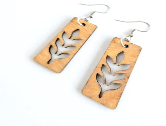 Boucles d'oreilles Acier et Bois, rectangle et feuille