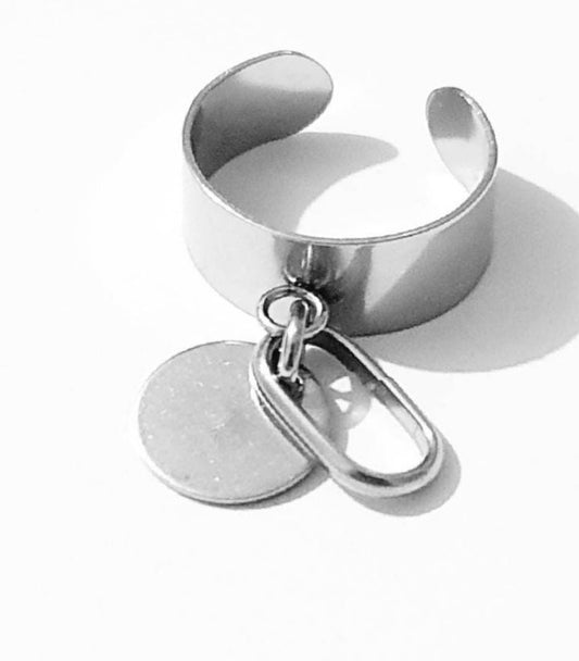 Idée cadeau : Bague réglable en Acier, Pampilles acier 10mm et pendentif ovale