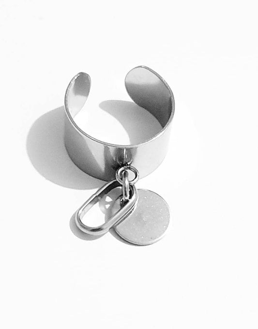 Idée cadeau : Bague réglable en Acier,  Pampilles acier 10mm et pendentif ovale